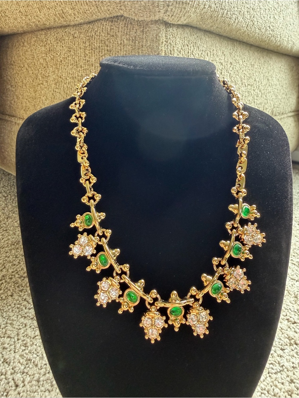 Vintage Nina Ricci Triple Gold Plated Green & Clear Crystal Statement Necklace